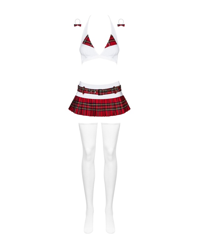 Еротичний костюм школярки з мініспідницею Obsessive Schooly 5pcs costume S/M, біло-червоний, топ, сп SO7304 фото
