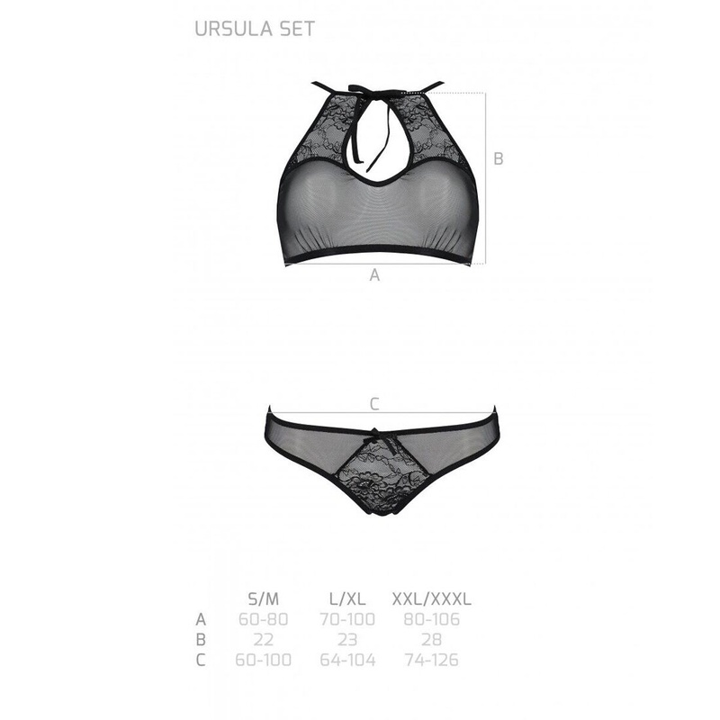 Комплект: бра, трусики з ажурним декором та відкритим кроком Ursula Set black S/M — Passion SO5842 фото