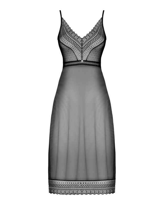 Напівпрозора довга сорочка Obsessive Estiqua chemise XL/2XL, чорний, асиметричний крій SO7264 фото