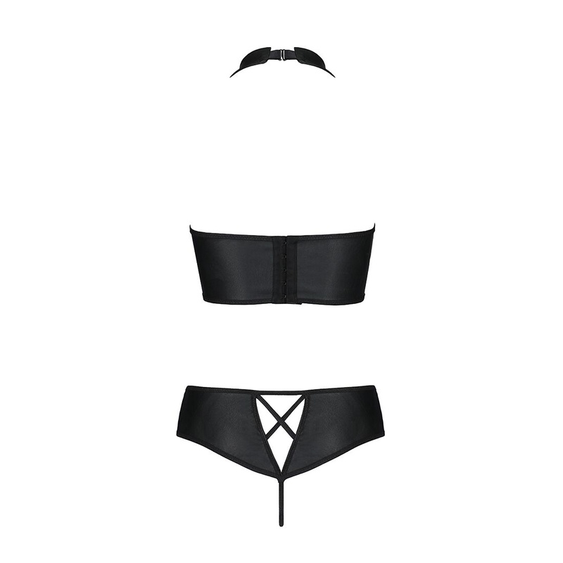 Комплект з еко-шкіри Nancy Bikini black L/XL - Passion, бра та трусики з імітацією шнурівки SO5367 фото