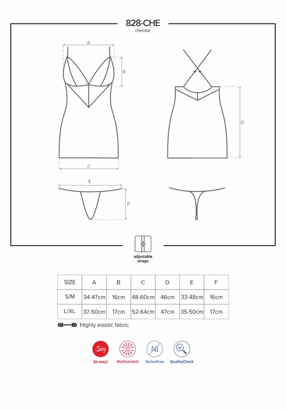 Сатиновий комплект для сну з мереживом Obsessive 828-CHE-1 chemise & thong L/XL, чорний, сорочка, ст SO7172 фото