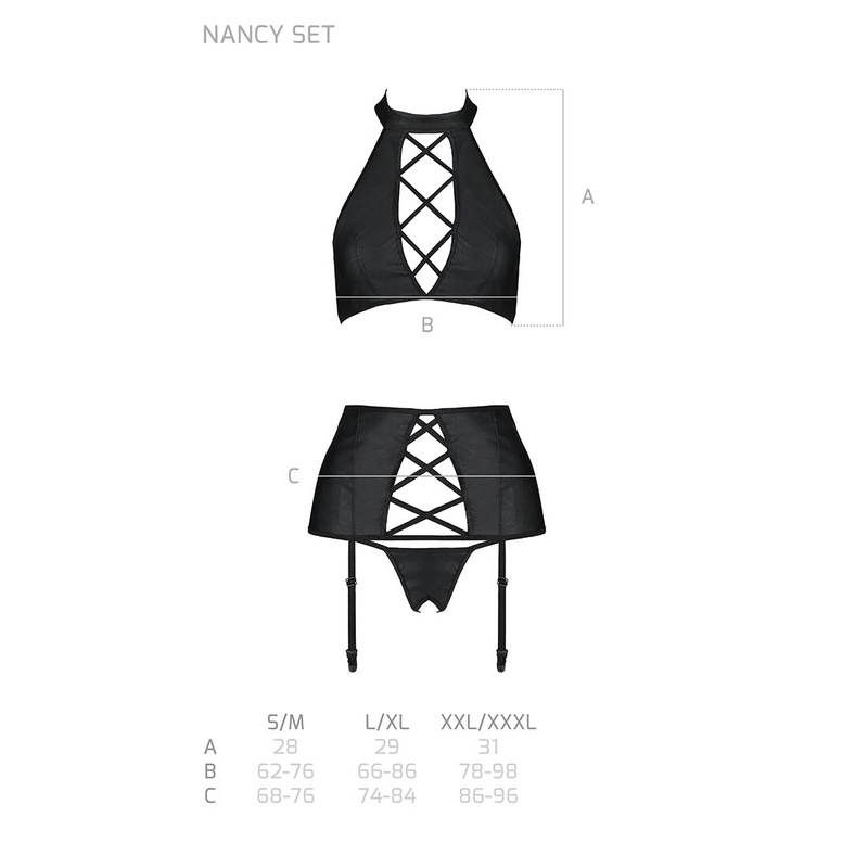 Комплект з еко-шкіри з імітацією шнурівки Nancy Set black L/XL - Passion топ, трусики та пояс для па SO5373 фото