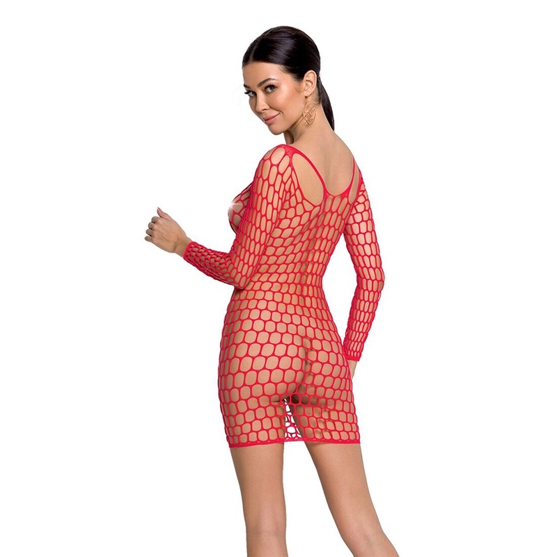 Бодістокінг-сукня з глибоким коміром Passion BS093 red, довгі рукави SO6398 фото