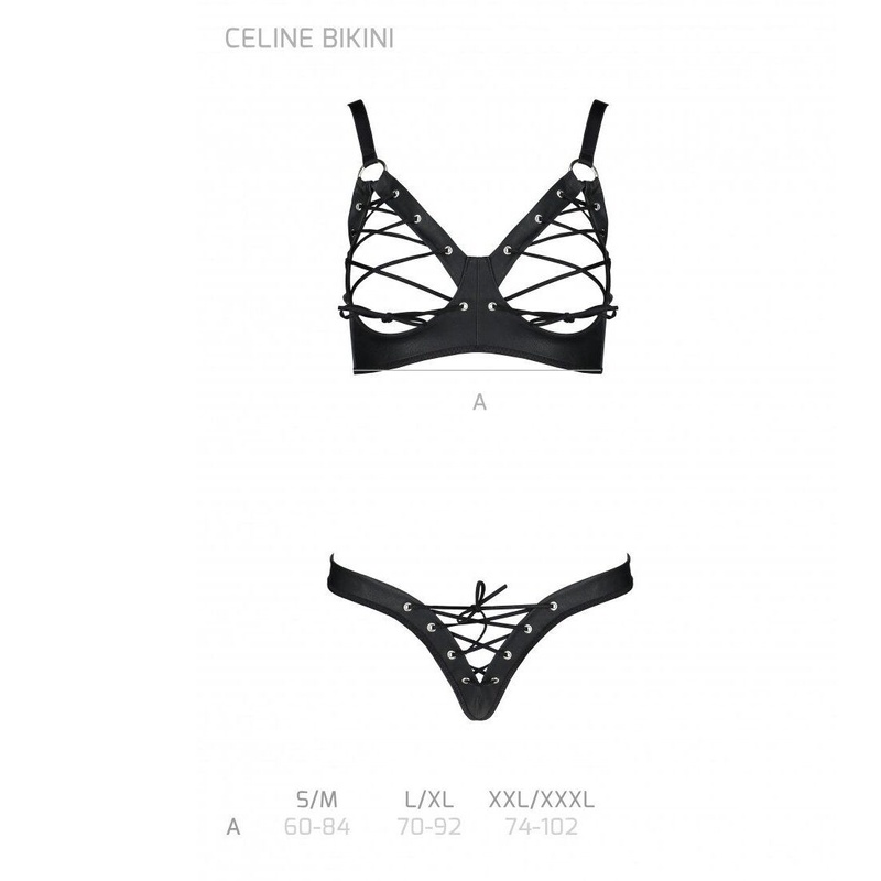 Комплект з екошкіри Celine Bikini black L/XL — Passion: відкритий бра зі стрічками, стрінги зі шнурі SO6400 фото