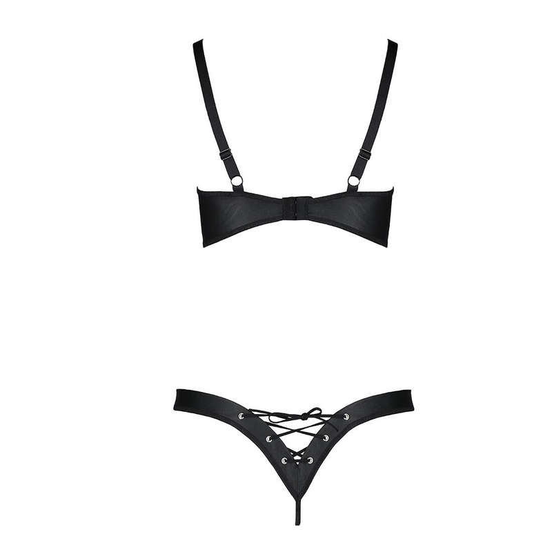 Комплект з екошкіри Celine Bikini black L/XL — Passion: відкритий бра зі стрічками, стрінги зі шнурі SO6400 фото