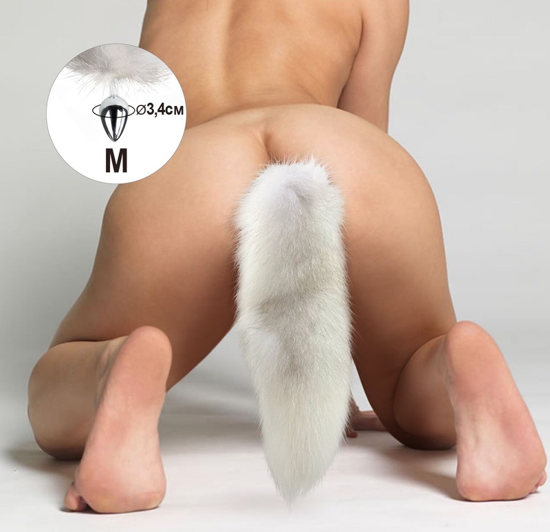 Металева анальна пробка з хвостом із натурального хутра Art of Sex size M White fox SO6184 фото
