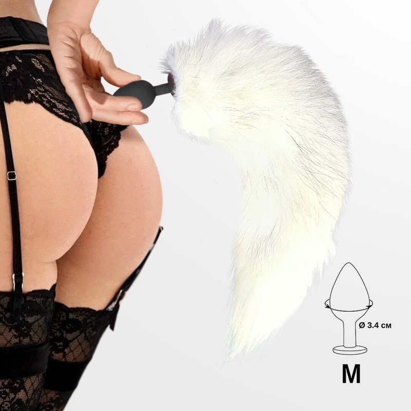 Силіконова анальна пробка з хвостом із натурального хутра Art of Sex size M White fox SO6187 фото