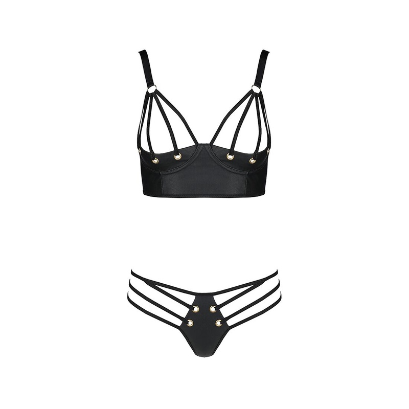 Комплект з екошкіри з люверсами та ремінцями Malwia Bikini black L/XL — Passion, бра та трусики SO5762 фото