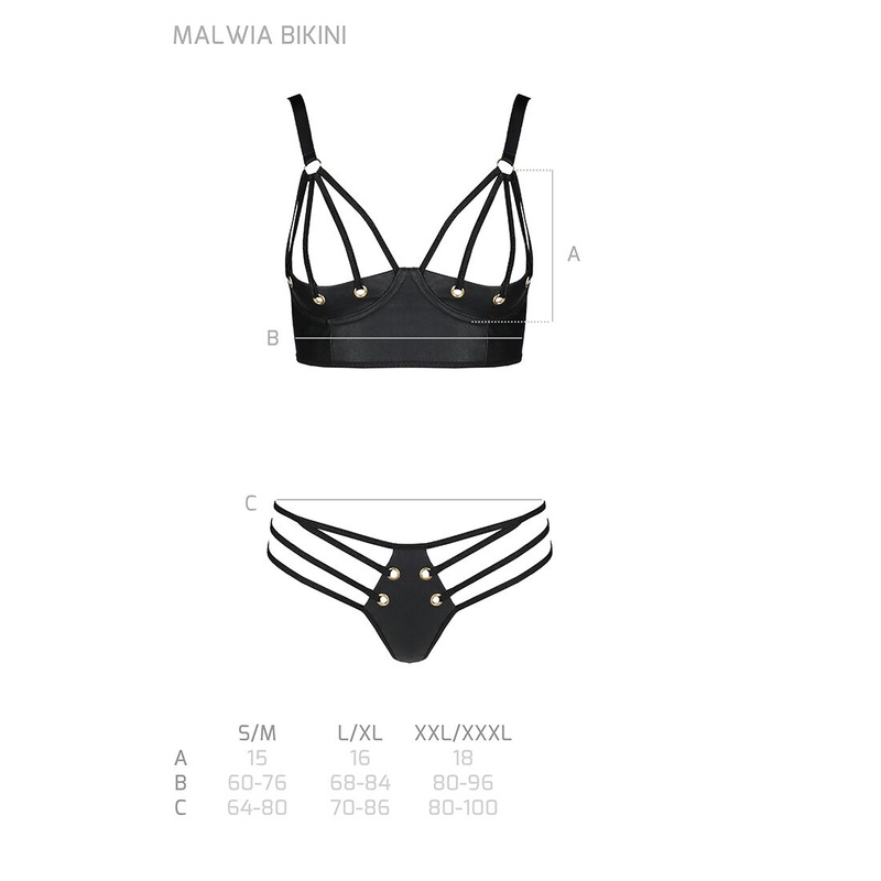 Комплект з екошкіри з люверсами та ремінцями Malwia Bikini black S/M — Passion, бра та трусики SO5763 фото