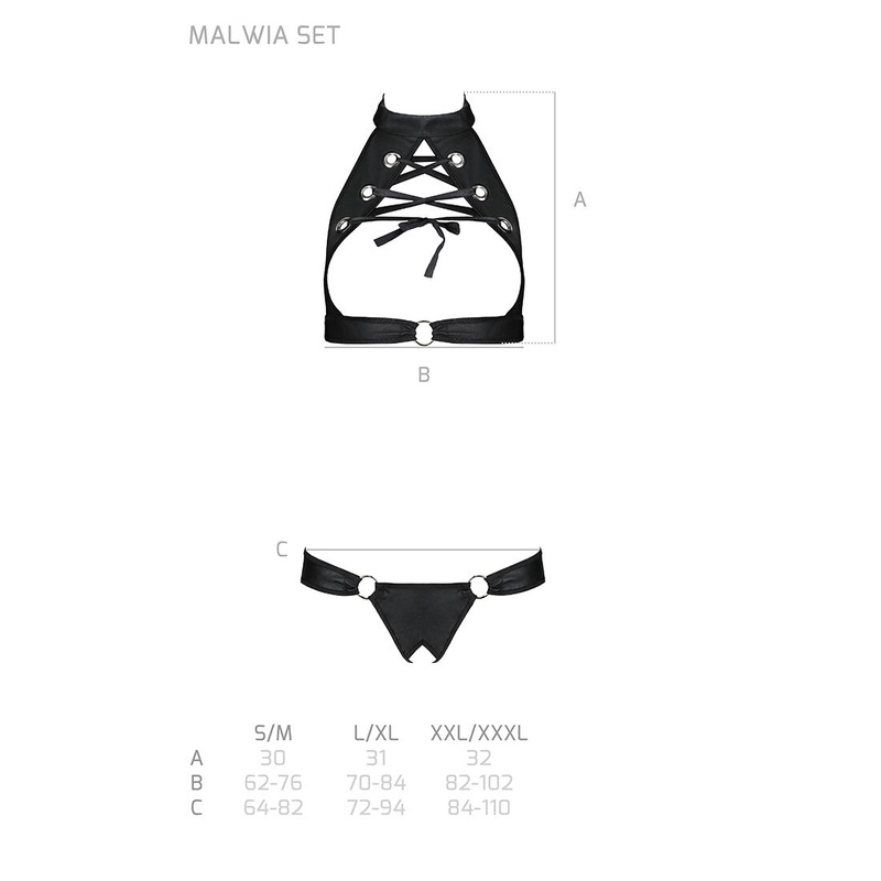 Комплект: відкритий топ та трусики з екошкіри з люверсами Malwia Set with Open Bra black L/XL — Pass SO5768 фото