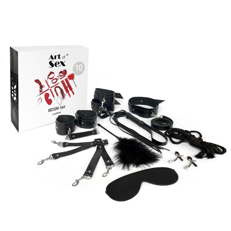 Набір Art of Sex - BDSM Set Leather, 10 предметів, натуральна шкіра, Чорний SO7138 фото