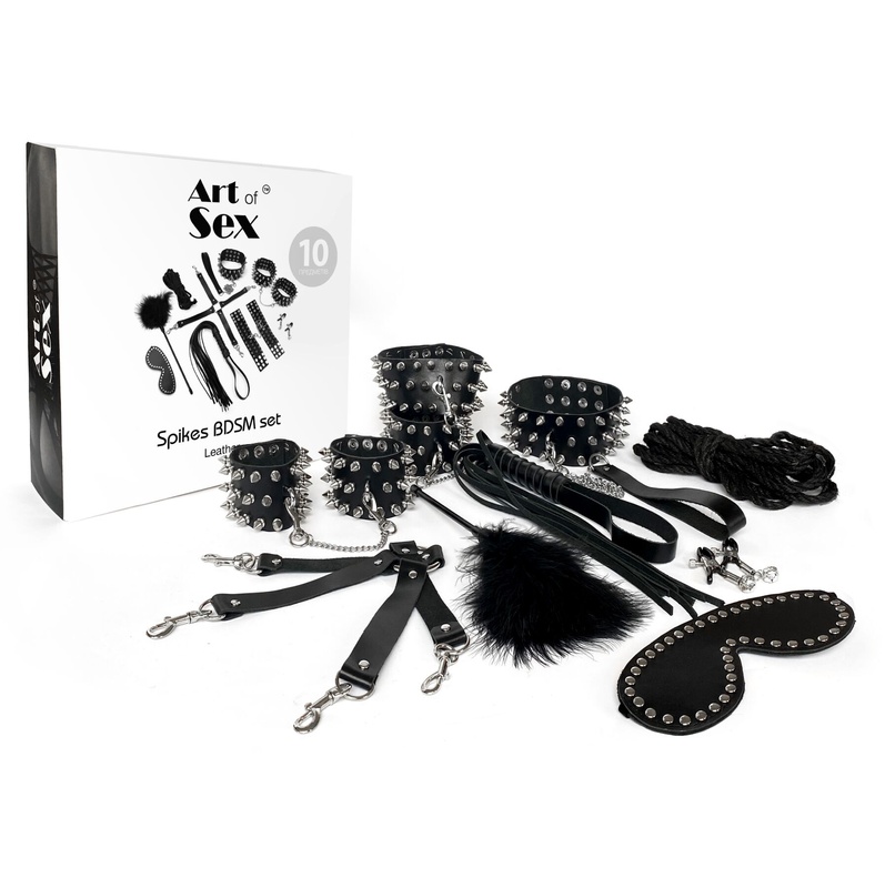 Набір Art of Sex - Spikes BDSM Set Leather, 10 предметів, натуральна шкіра, Чорний SO7140 фото
