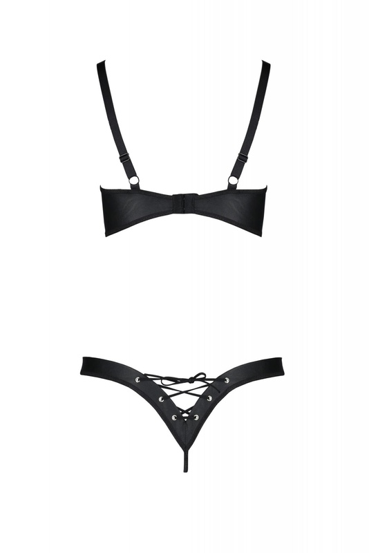Комплект з екошкіри Passion Celine Bikini 4XL/5XL black, відкритий бра, стрінги зі шнурівкою SO7057 фото