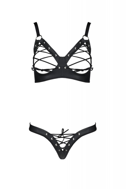 Комплект з екошкіри Passion Celine Bikini 4XL/5XL black, відкритий бра, стрінги зі шнурівкою SO7057 фото