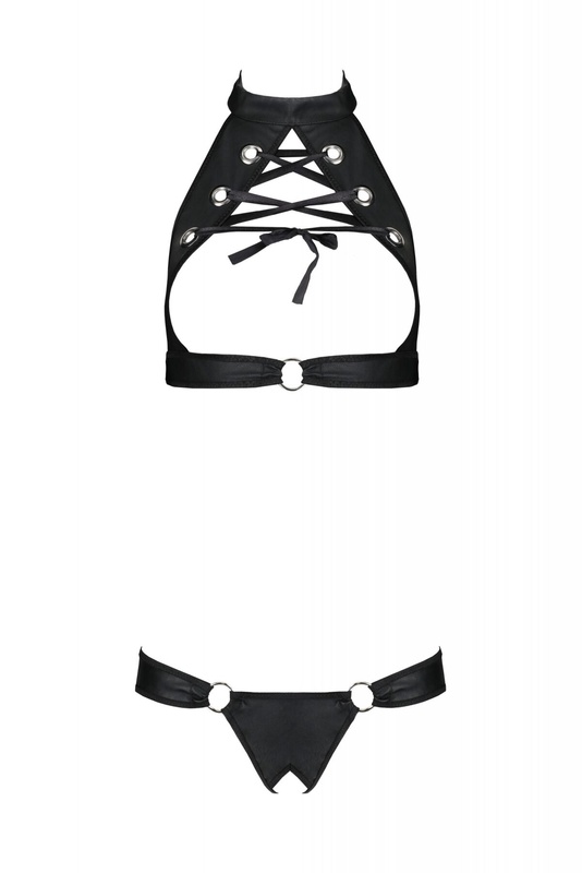 Комплект із екошкіри Passion Malwia Set with Open Bra 6XL/7XL black, топ та трусики з люверсами SO7101 фото