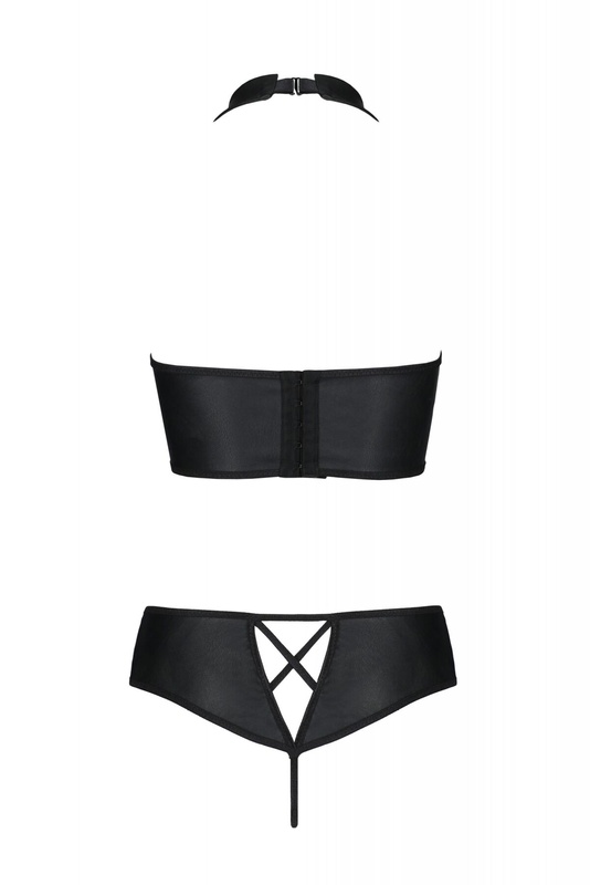 Комплект з екошкіри Passion Nancy Bikini 4XL/5XL black, бра та трусики з імітацією шнурівки SO7102 фото