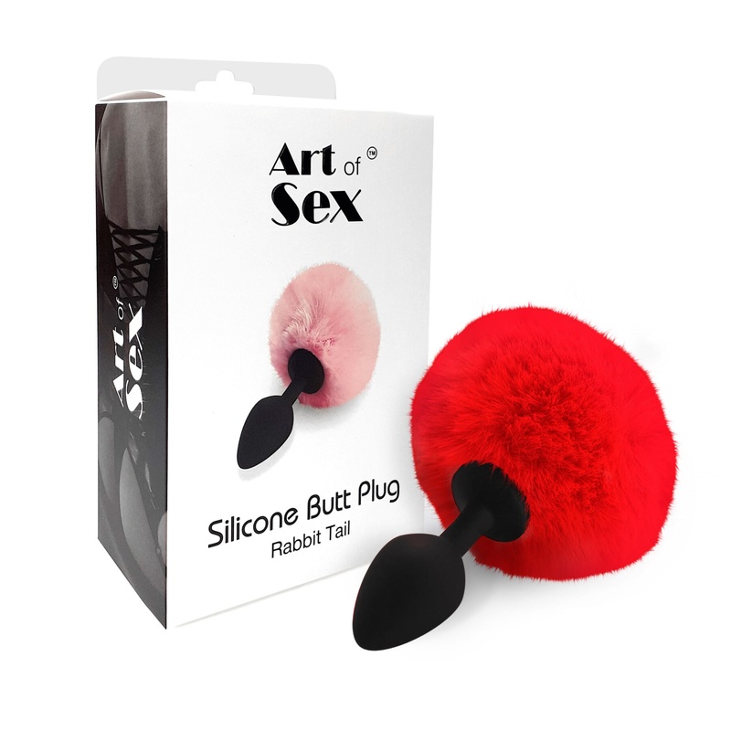 Силіконова анальна пробка М Art of Sex - Silicone Butt plug Rabbit Tail, Червоний SO6964 фото